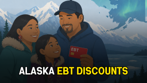 family holds Alaska Quest card in front of mountain scenery under text that says Alaska EBT discounts