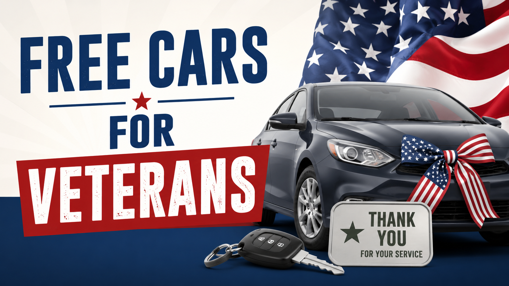 Alt text: Featured image showing a car with an American flag bow, car keys, and patriotic colors alongside the words "Free Cars for Veterans."