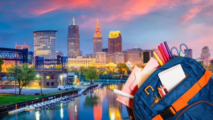 backpack full of free school supplies overlays photo of Cleveland Ohio
