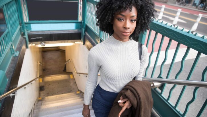 woman leaves subway after using reduced fare metrocard for low income new yorkers