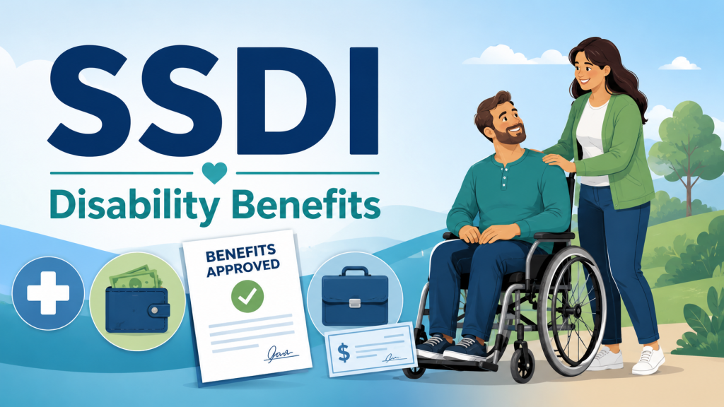Illustrated SSDI disability benefits graphic with a wheelchair user, supportive caregiver, approval letter, wallet, and work-related benefit icons.
