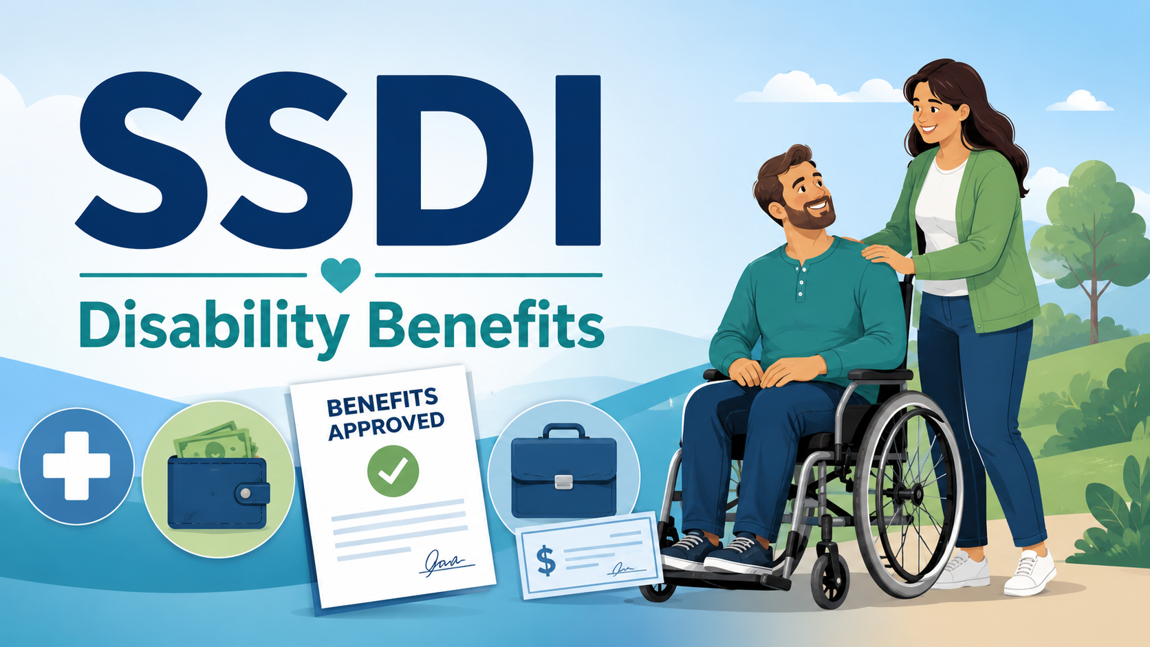 Illustrated SSDI disability benefits graphic with a wheelchair user, supportive caregiver, approval letter, wallet, and work-related benefit icons.