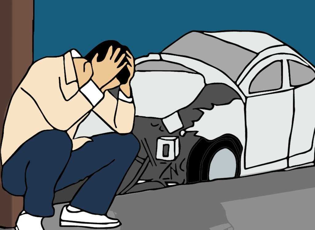 Cartoon of man sitting in front of his damaged car with his head in his hands after getting into an accident.