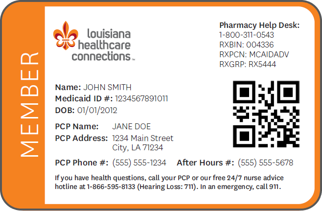 Image of Sample Louisiana Medicaid ID card.