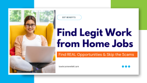 girl holds laptop on yellow chair in title card that says find legitimate work from home jobs
