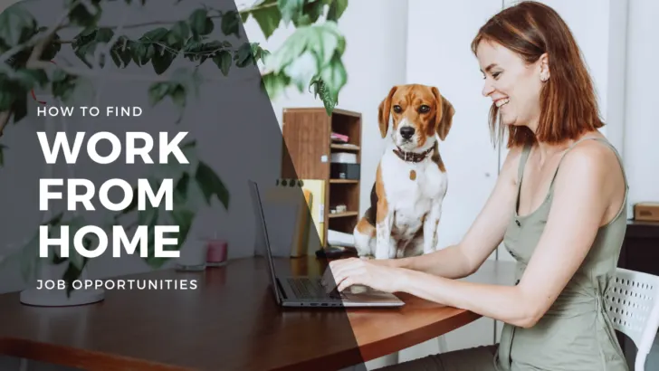 cover photo with woman working at desk with dog under text that says how to find legit work from home jobs