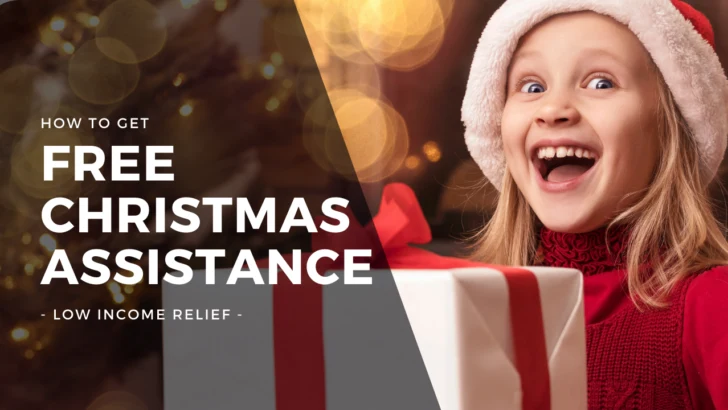 excited young girl holds christmas gift under text that says how to get free Christmas assistance