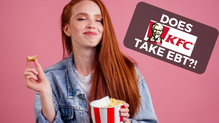 woman eating bucket of chicken and fries with text that says does KFC take EBT