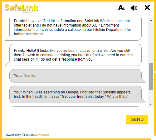 screenshot of conversation with Safelink representative Frank who did not know anything about their free tablet with ebt offer