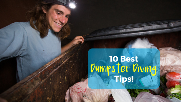 man looks into garbage under text that says top 10 dumpster diving tips