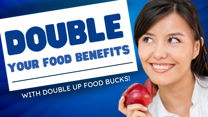 woman holds apple under text double your food benefits with double up food bucks