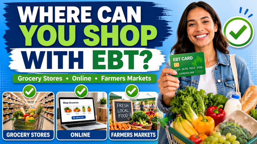 Smiling shopper holding an EBT card with groceries, alongside icons for grocery stores, online shopping, and farmers markets.