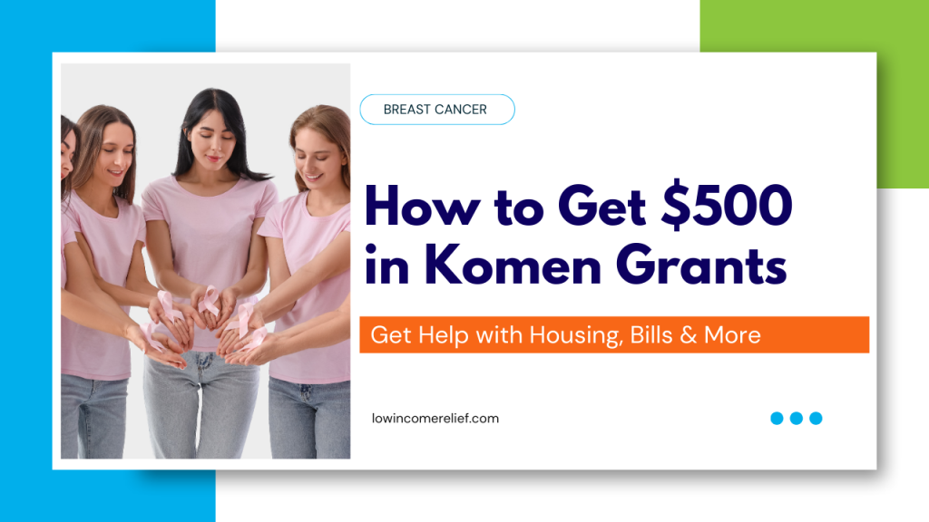 women in pink shirts holding breast cancer symbols on a title card for komen financial assistance grants for patients