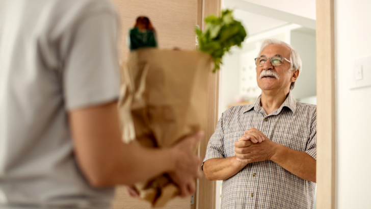 man is thankful for free grocery delivery for seniors