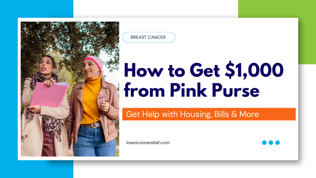 two women walk with a pink purse in title card about how to get 1000 from pink aid pink purse financial assistance