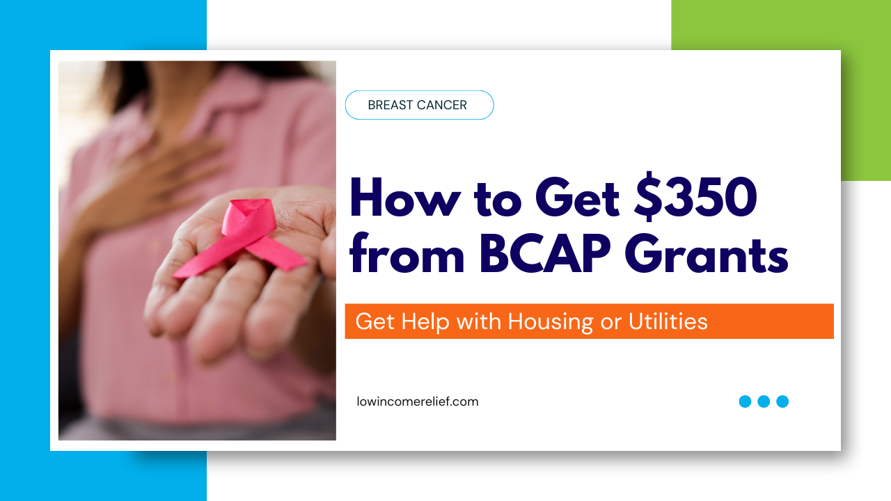 woman holds breast cancer ribbon on hands in title card for how to get $350 from Sisters United BCAP Grants