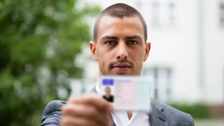 man holds up free photo ID from assistance program