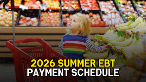 girl shops for bananas and looks at mother on title card that says 2026 summer ebt payment schedule