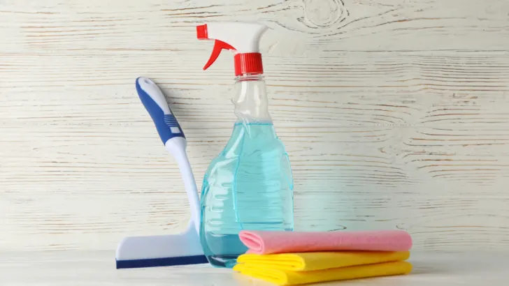 pile of free cleaning supplies for low income families including windex, squeegee and gloves