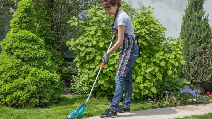 woman with edge trimmer provides free lawn care for seniors