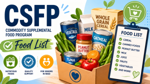 Featured image for the Commodity Supplemental Food Program (CSFP) food list. A clean infographic-style illustration showing a CSFP food box filled with shelf-stable foods such as cereal, rice, beans, vegetables, fruit, pasta, and peanut butter next to a checklist labeled "Food List."