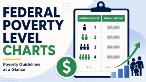 Featured image for Federal Poverty Level Charts. A clean infographic-style design showing a clipboard with a household size and income chart, blurred income figures, family icons, a dollar symbol, and an upward arrow. Large text reads "Federal Poverty Level Charts."