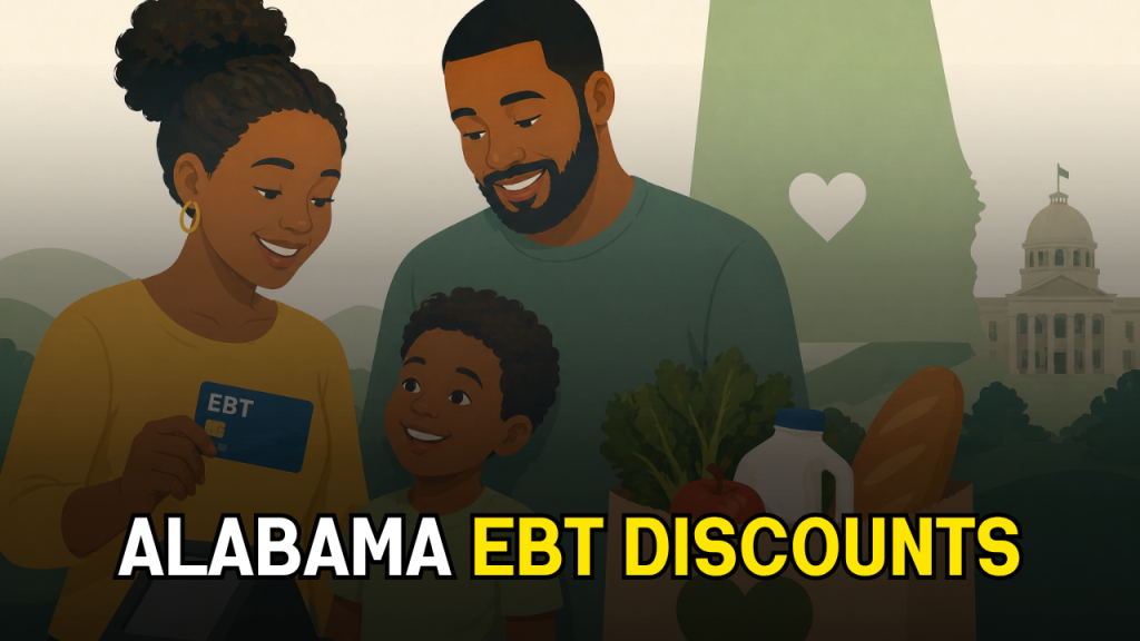 family receives free produce with their EBT purchase; holding an EBT card with an Alabama state graphic in the back. Text says Alabama EBT discounts.