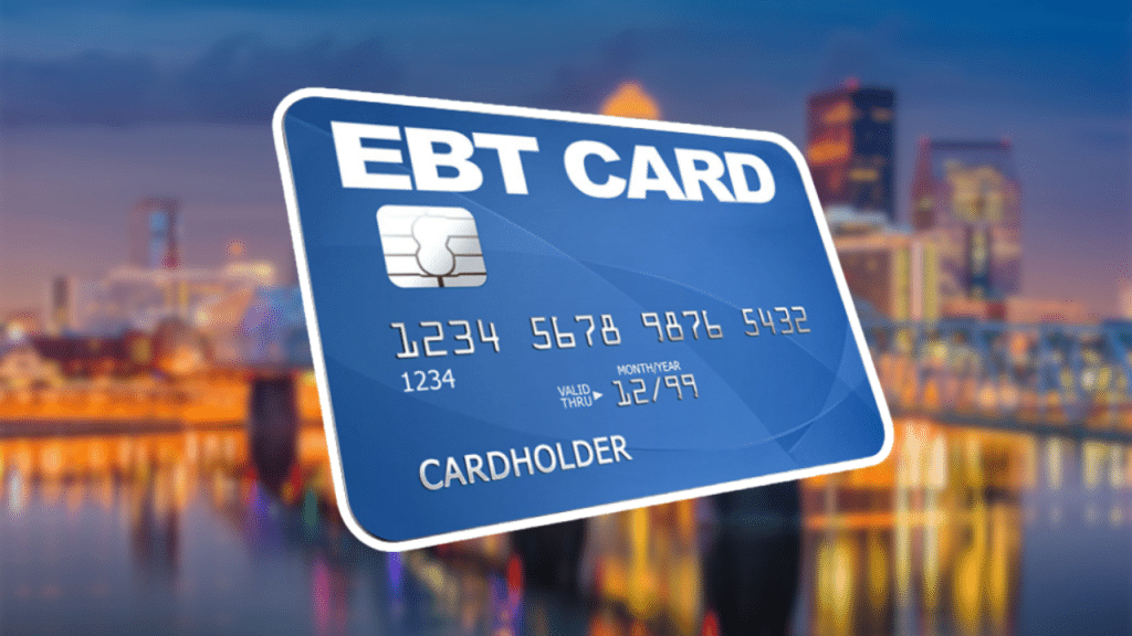 EBT card over blurred image of major city in Kentucky represents Kentucky EBT Discounts