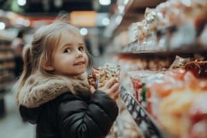 little girl shops for groceries in a supermarket