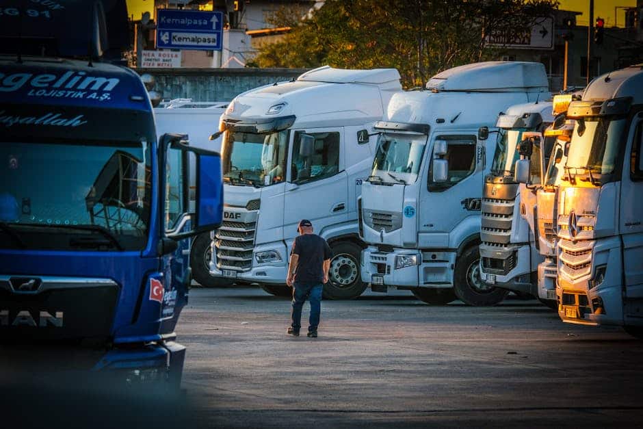 A man walks among parked trucks at sunset in an industrial area, creating a serene yet busy scene.