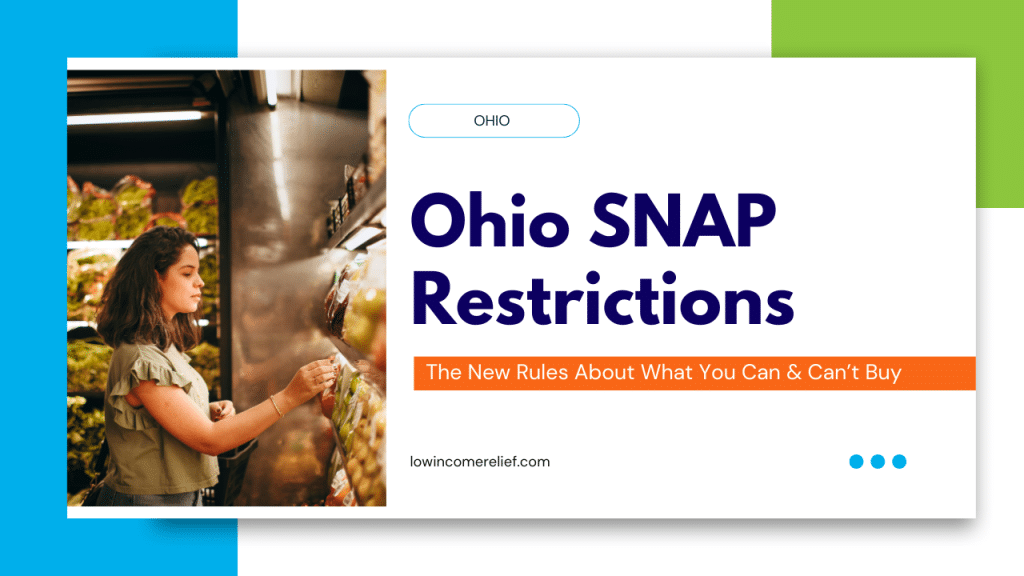 woman shops for groceries in an image on title card that says ohio snap restrictions