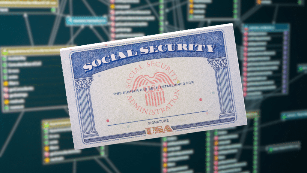 Illustration of Social Security card connected to a database representing Treasury data tracking proposal