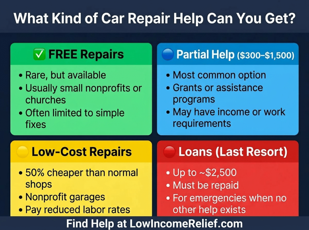 Infographic titled “What Kind of Car Repair Help Can You Get?” showing four options. Green box: “Free Repairs” — rare but available, usually through small nonprofits or churches, often limited to simple fixes. Blue box: “Partial Help ($300–$1,500)” — most common option, includes grants or assistance programs, may have income or work requirements. Yellow box: “Low-Cost Repairs” — about 50% cheaper than normal shops, offered by nonprofit garages with reduced labor rates. Red box: “Loans (Last Resort)” — up to about $2,500, must be repaid, intended for emergencies when no other help exists. Footer reads: “Find Help at LowIncomeRelief.com.”
