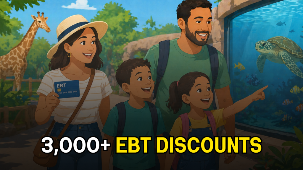 family of four visits aquarium and zoo with an EBT card under text 3000+ EBT discounts