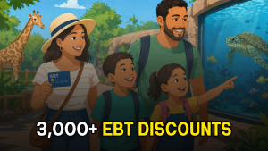 family of four visits aquarium and zoo with an EBT card under text 3000+ EBT discounts