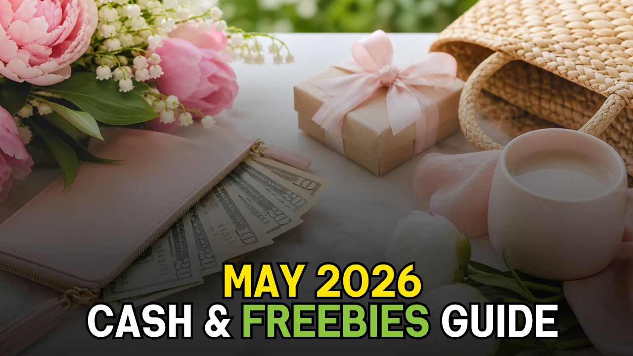 A soft, styled flat lay showing a pink wallet with cash partially visible, surrounded by flowers, a wrapped gift box, a woven bag, and a mug on a marble surface, with a blurred green background. under text that says may 2026 cash and freebies guide