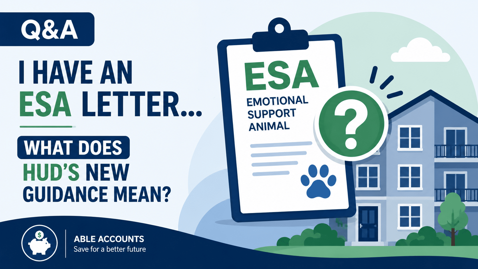 Featured image for a housing Q&A about emotional support animals and HUD guidance. The graphic shows an ESA letter on a clipboard with a paw print, a large question mark, and an apartment building in the background. Large text asks what HUD's new guidance means for someone who already has an ESA letter.