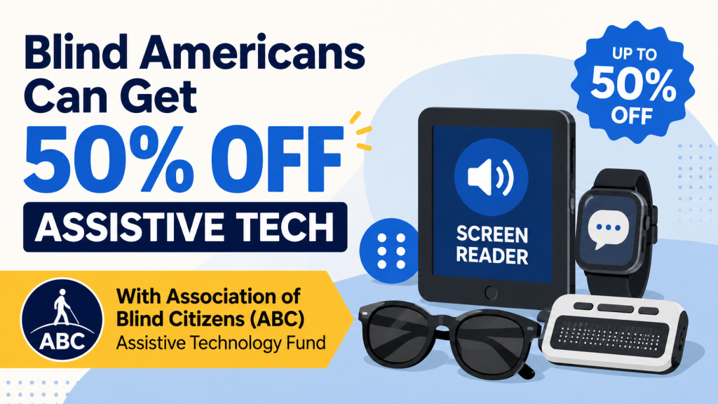 Featured image about the Association of Blind Citizens (ABC) Assistive Technology Fund. Large text highlights a 50% discount on assistive technology for blind Americans. Illustrated assistive devices, including a screen reader tablet, braille display, smartwatch, and accessibility tools, appear alongside an ABC logo in a clean blue-and-yellow infographic-style design.