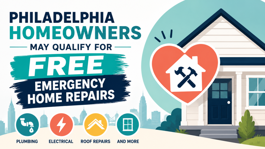 Illustrated featured image showing a house with repair symbols and a Philadelphia skyline silhouette, representing emergency home repair assistance available to qualifying Philadelphia homeowners.