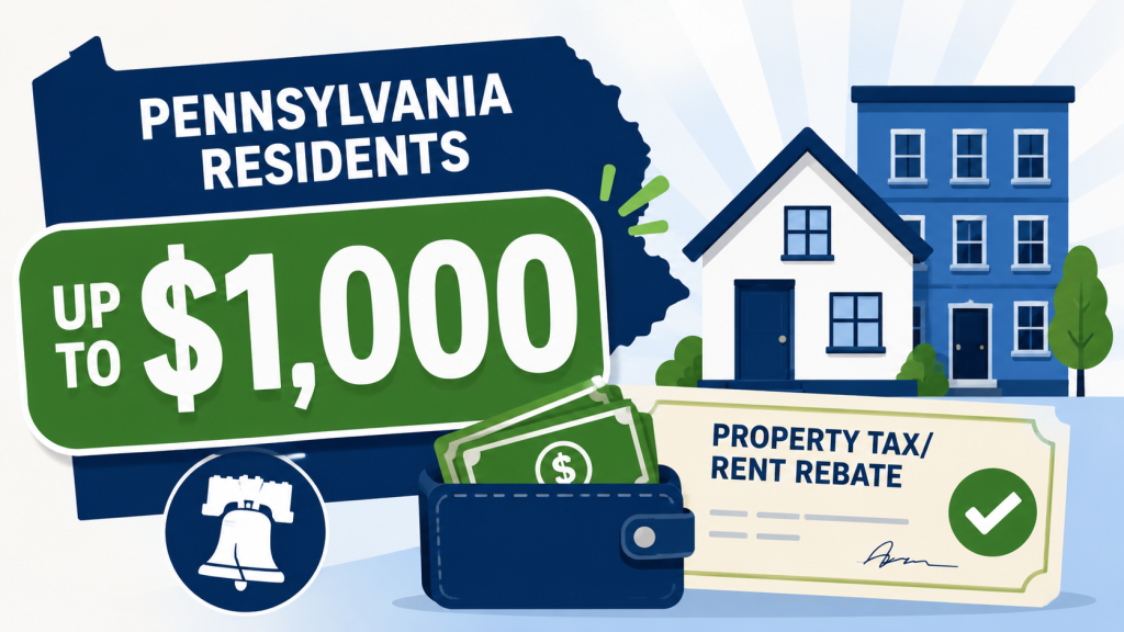 Illustrated featured image showing the outline of Pennsylvania, a house and apartment building, a wallet with cash, and a rebate check graphic highlighting a property tax and rent rebate program for Pennsylvania residents for the Pennsylvania PTRR Program