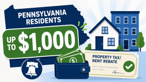 Illustrated featured image showing the outline of Pennsylvania, a house and apartment building, a wallet with cash, and a rebate check graphic highlighting a property tax and rent rebate program for Pennsylvania residents for the Pennsylvania PTRR Program