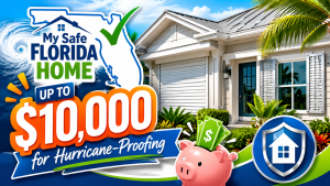 Illustrated featured image showing a Florida-shaped shield, a hurricane-resistant home with storm shutters, a hurricane icon, and a large "$10,000" badge representing Florida funding available for home hurricane-hardening improvements.