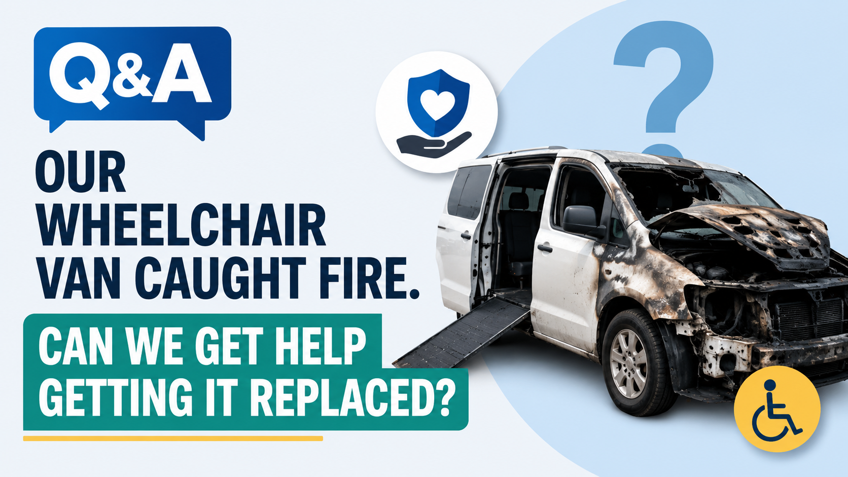 Featured image for a Q&A about replacing a wheelchair-accessible van after a fire. The design shows a burned wheelchair van with its ramp deployed beside bold text asking, "Our Wheelchair Van Caught Fire. Can We Get Help Getting It Replaced?" and a Q&A badge on a blue background.