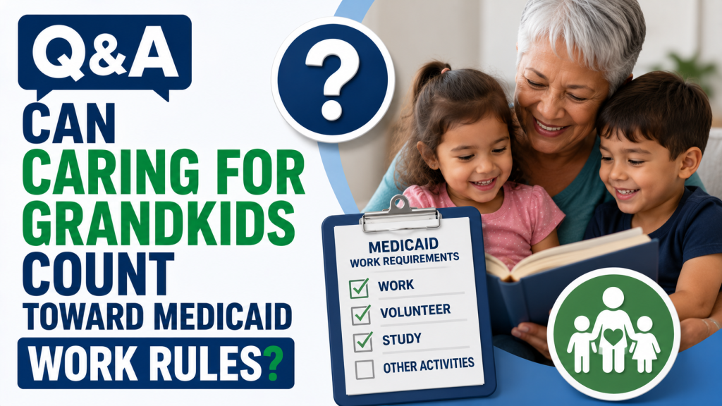 Featured image for a Q&A about whether caring for grandchildren can count toward Medicaid work requirements. The graphic shows a grandmother reading with two grandchildren, a Medicaid work requirements checklist, a family care icon, and the question, "Can Caring for Grandkids Count Toward Medicaid Work Rules?" on a clean blue-and-white background.