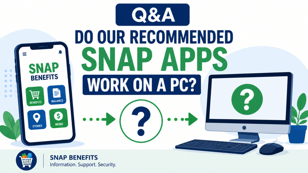 Featured image for a Q&A article about SNAP benefit apps and computer access. The graphic shows a smartphone displaying a SNAP app on one side, a desktop computer on the other, and question marks between them to represent whether the apps can be used on a PC.