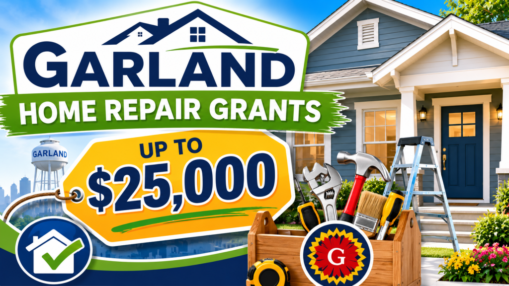Illustrated featured image showing a home, repair tools, and a large funding amount graphic, representing Garland home repair grants that may help homeowners pay for essential home repairs and improvements.