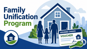 Illustrated featured image showing a family standing in front of a house with a housing voucher card and key, representing the HUD Family Unification Program and housing assistance for families seeking stable housing.