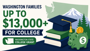 Illustrated featured image showing a graduation cap on stacked books, a piggy bank with a coin, and a Washington state outline. Large text reads “Washington Families Up to $13,000+ for College” alongside education and financial aid symbols representing the Washington State College Grant program.