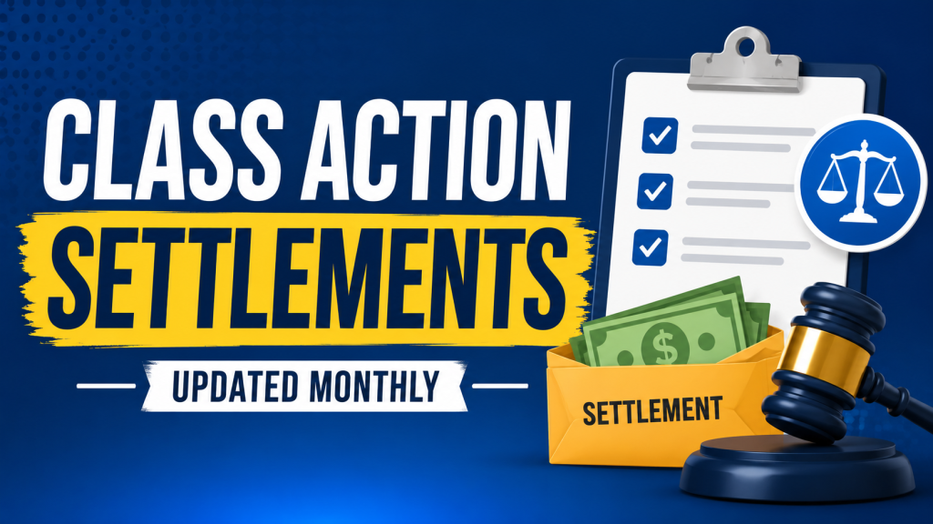 Illustrated featured image for a monthly class action settlements guide showing a legal gavel, settlement envelope with cash, checklist, and scales of justice beside the words "Class Action Settlements" and "Updated Monthly."