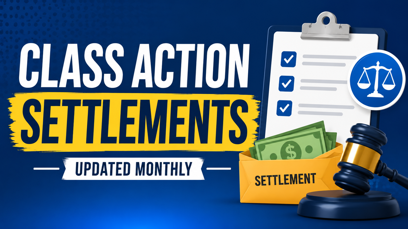 Illustrated featured image for a monthly class action settlements guide showing a legal gavel, settlement envelope with cash, checklist, and scales of justice beside the words "Class Action Settlements" and "Updated Monthly."